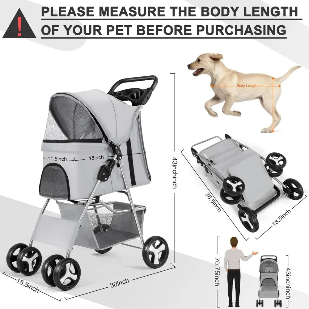 4 Wheel Folding Cat Dog Stroller with Storage Basket - SAPA PETS